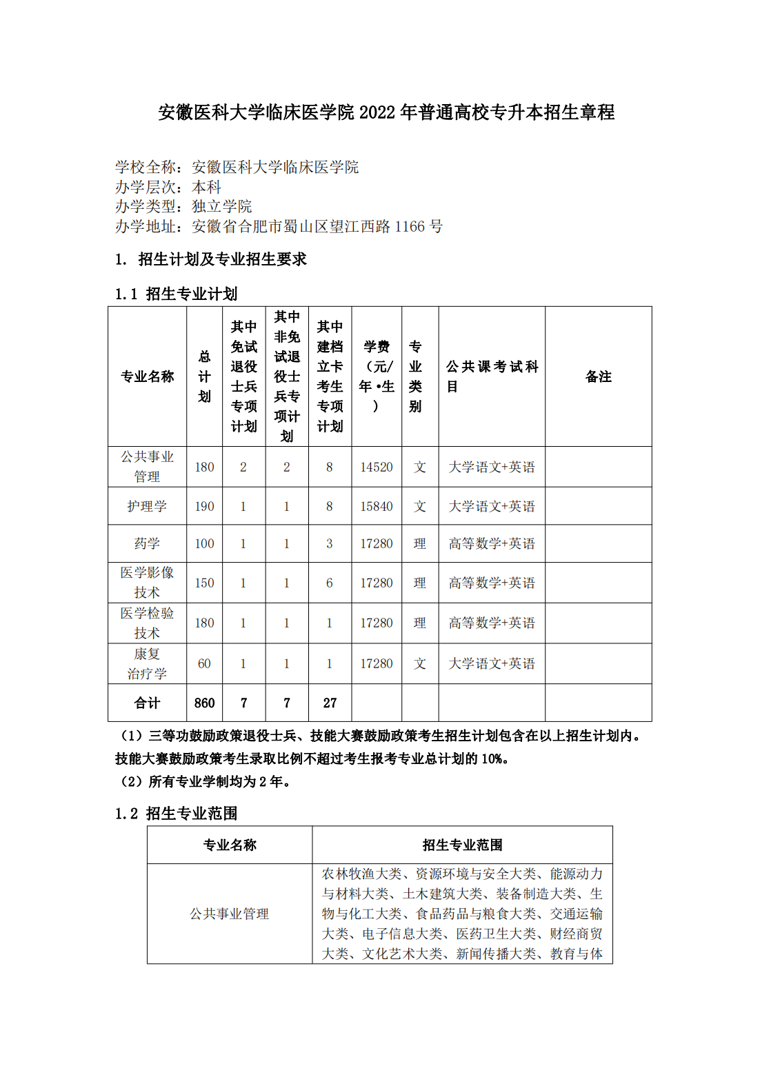 安徽医科大学临床医学院 2022 年普通高校专升本招生章程